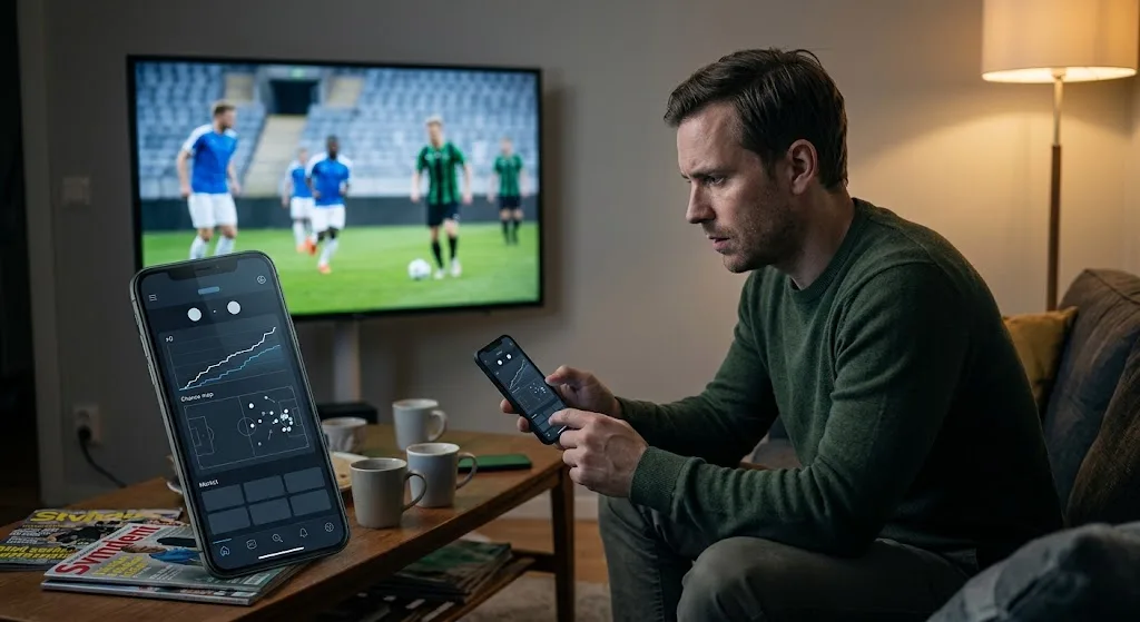 En man i soffan följer en fotbollsmatch på tv med statistik öppen på mobilen.