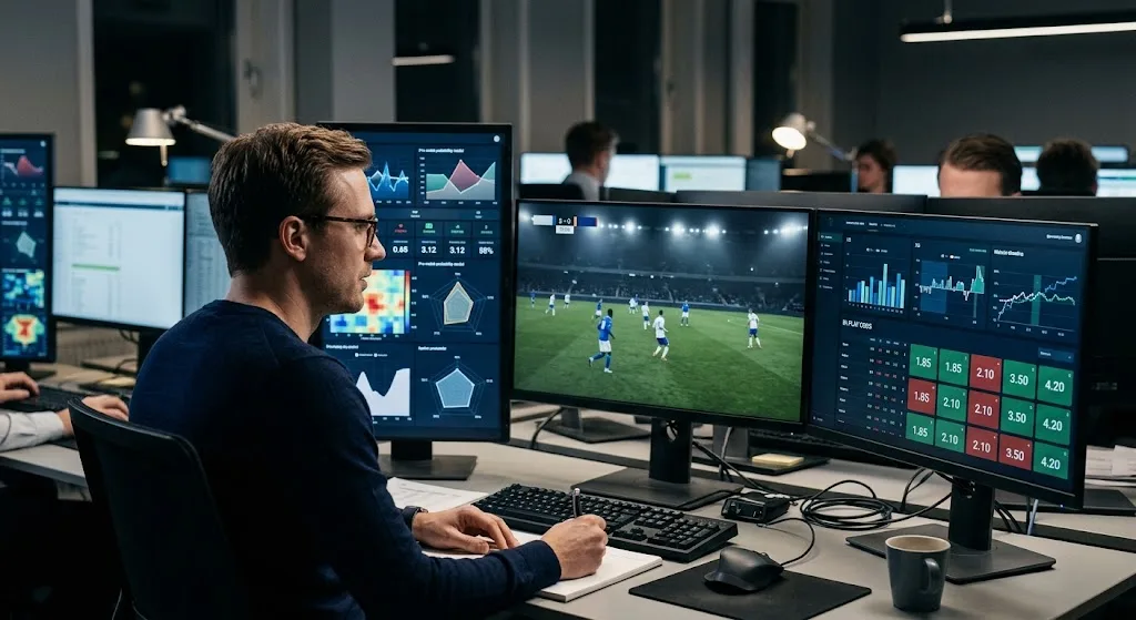 En analytiker vid ett skrivbord med flera skärmar som visar matchbilder, diagram och odds.