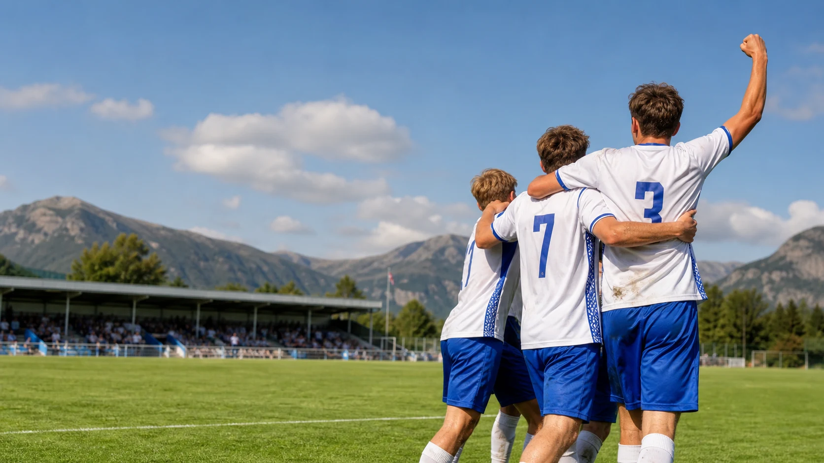 Spelare i vitt och blått firar tillsammans framför läktaren