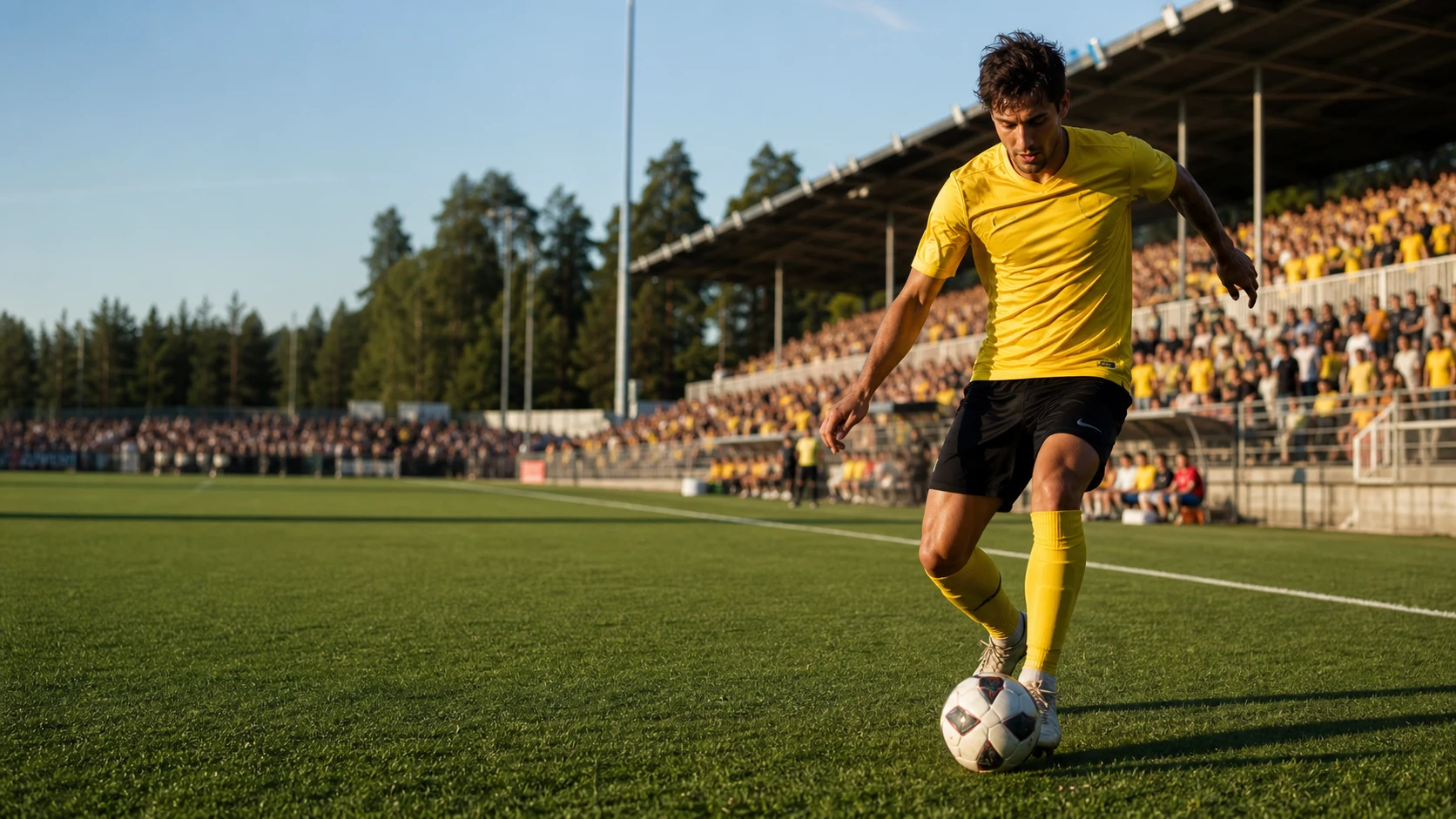Spelare i gult för bollen framåt framför fullsatt läktare