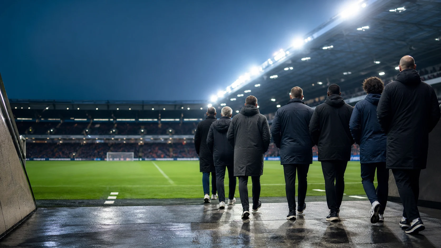 Tränarstab på väg ut mot planen i en upplyst arena